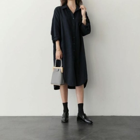 Navy Blue Midi Shirt Dress - Picture 3 of 4